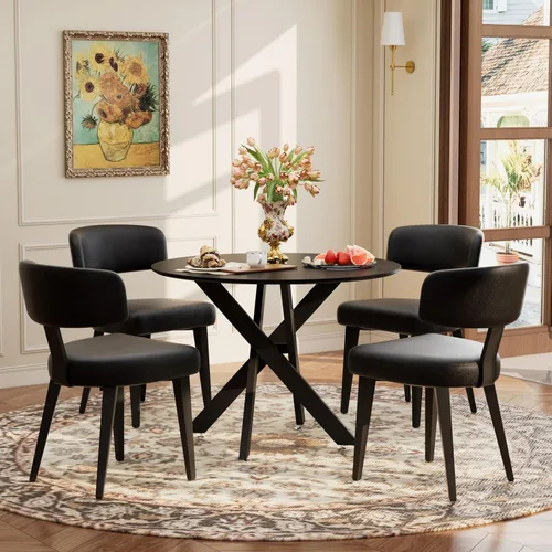 Miniatura 33 de Juego de mesa de comedor de madera para 2, mesa de cocina redonda de 36 pulgadas con 2 sillas de comedor Boucle, mesa de MDF con patas de metal