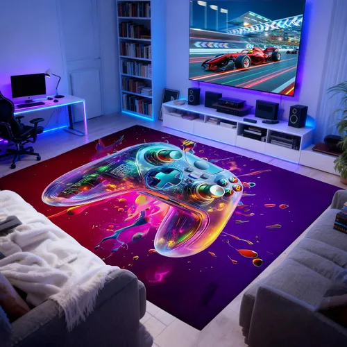 Miniatura 9 de Alfombra de área de juegos neón de 3 x 5 pies para habitación de niños, alfombra colorida de control de juegos para decoración de habitación