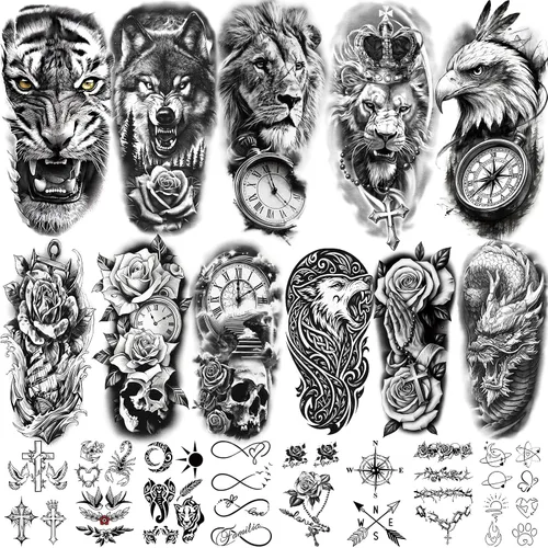 Miniatura 7 de 77 hojas de tatuajes temporales 3D para hombres y mujeres, diseño de león, tigre, dragón, araña, escorpión, serpiente, medusa, rosa, para cuello