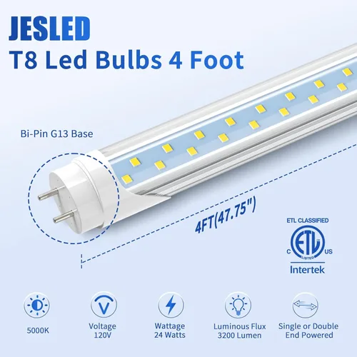 Miniatura 4 de JESLED T8 - Bombillas LED tipo A+B de 4 pies, 24 W, 3000 lúmenes, 5000 K, luz blanca diurna, Plug and Play o derivación de lastre, repuesto de tubo