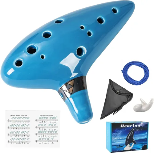 Miniatura 10 de Mulucky Ocarina de arcilla natural de 12 agujeros con accesorios Caja de regalo de instrumento musical para principiantes - Azul oscuro Verde