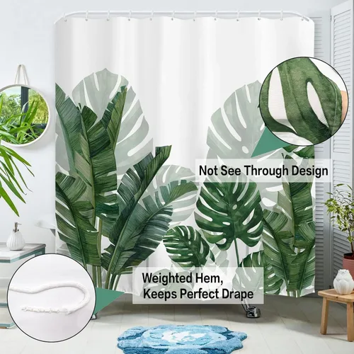 Miniatura 5 de Baccessor Cortina de ducha con diseño de plantas tropicales verdes, impermeable, tela lavable, para decoración de baño de verano, diseño botánico