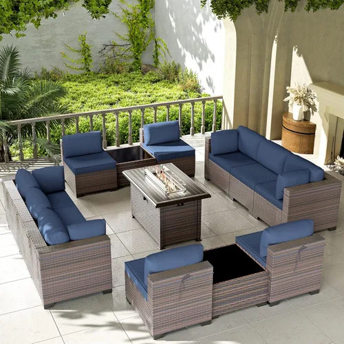 Miniatura 19 de Kullavik Juego de 13 muebles de patio al aire libre con mesa de fogata de gas propano de 43 pulgadas, 55000 BTU, mimbre de polietileno, sofá Arena