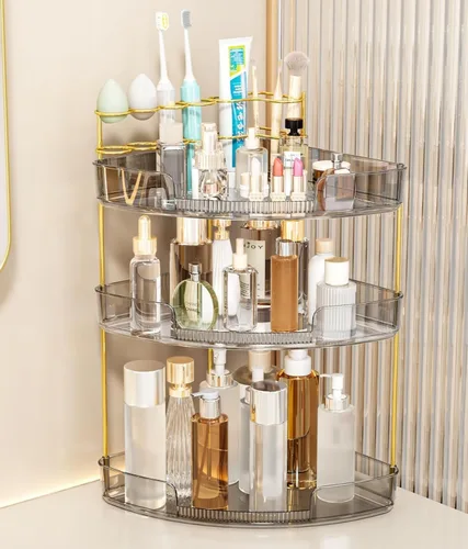 Miniatura 10 de FELIZHOUSE Organizador de maquillaje de 2 niveles para tocador y encimera de baño, estante de almacenamiento de acrílico con bandeja de perfume