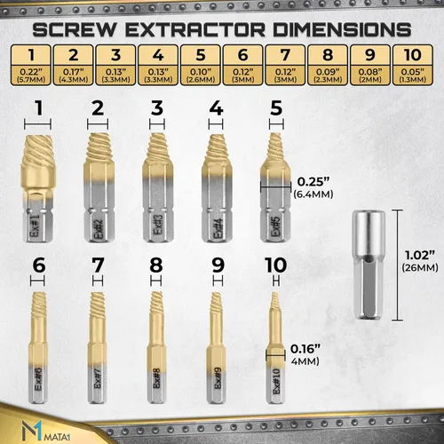 Miniatura 7 de Juego extractor de tornillos de titanio para tornillos pelados, rotos y dañados - 22 piezas, plata y oro - Kit removedor con brocas, extractores