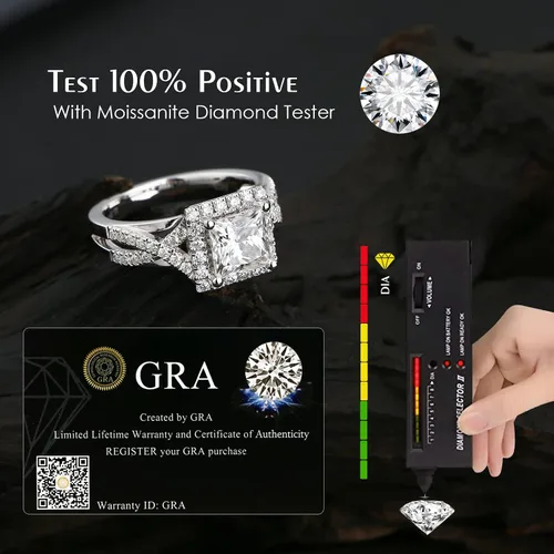 Miniatura 3 de Moissanite 2CT Princess Cut Halo Split Shank Solitaire Rings,D VVS1 Lab Created Diamond Ring 18K White Gold Plated S925 Sterling Silver Band