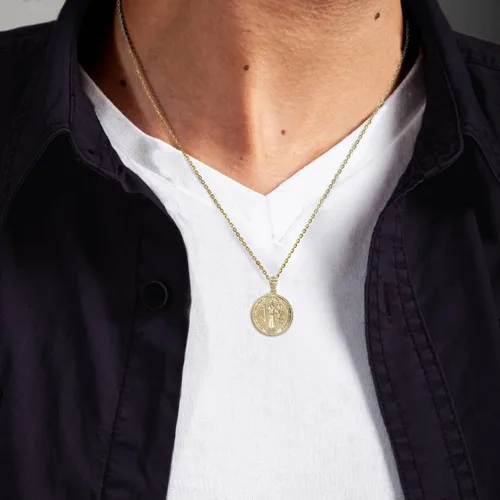 Miniatura 4 de Medalla De San Benito - Collar con colgante de moneda de oro amarillo de 14 quilates con cadena Rolo y colgante solo