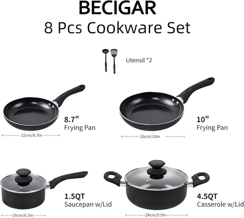 Miniatura 2 de BECIGAR Juego de 8 piezas de ollas y sartenes de cerámica negra, juego de sartenes de cocina, juego de ollas de cocina, juego de sartenes