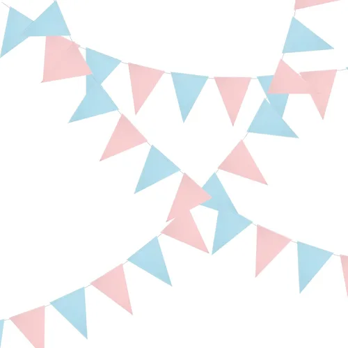 Miniatura 4 de Mefuny Banderín de revelación de género de 30 pies, 48 unidades, color azul claro y rosa, banderas triangulares de papel para decoración para baby
