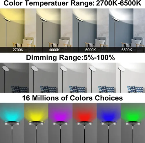Miniatura 7 de Keepsmile Lámpara de pie LED de doble cara plateada con aplicación inteligente y control remoto de 36W 2600LM Lámpara de pie RGB regulable de ángulo