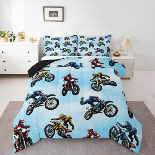 Miniatura 10 de Erosebridal Juego de ropa de cama de motocross tamaño individual, juego de edredón deportivo extremo para niños y adolescentes, edredón acolchado
