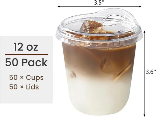 Miniatura 2 de Vasos de plástico transparente de 12 onzas con tapas para sorber sin pajilla, paquete de 50 vasos desechables para café helado con fondo redondo