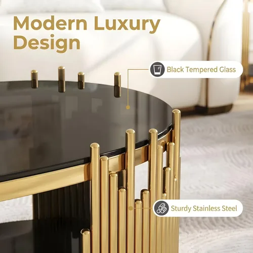 Miniatura 7 de 2-Tier Gold Glass Coffee Table, Modern Oval Coffee Table with Clear Tempered Black Shelves and Stainless Steel Frame, Luxury Center Tables for