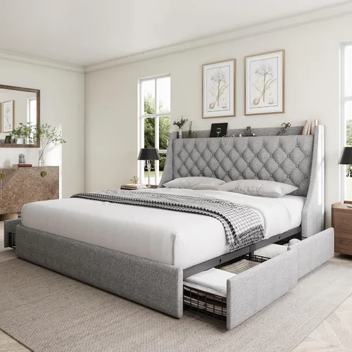 Miniatura 17 de GalnFu Marco de cama de tamaño completo con 4 cajones de almacenamiento, cabecera tapizada grande tipo wingback, estación de carga rápida,