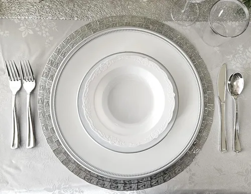 Miniatura 2 de OccasionS - 10 cargadores redondos de plástico acrílico de 13 pulgadas, para decoración de cenas, platos de carga (corona, blanco y plateado)