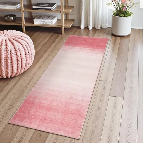Wonnitar Alfombra rosa lavable de 2 x 6 pies, moderna alfombra de pasillo de baño en degradé, contemporáneo, antideslizante, alfombra degradada para