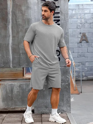 Miniatura 2 de Babioboa Conjunto de camiseta y pantalones cortos de manga corta para hombre, 2 bolsillos, de gran tamaño, de dos piezas, casual, uso diario