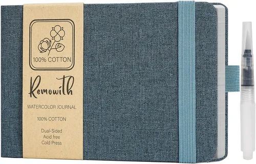 Miniatura 17 de Cuaderno de bocetos de acuarela, 5.5" x 5.5" Libros de bocetos para artistas, cuaderno de papel de acuarela de algodón, cubierta de lino con pluma