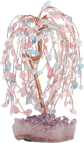 SUNYIK Juego de árbol de dinero de cristal curativo de cuarzo rosa y aguamarina sobre base de racimo de amatista, adorno de Feng Shui, decoración