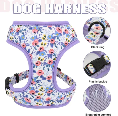 Miniatura 2 de Beirui Collares, arneses y correas para perritas lindas - Juego de collar y correa ajustable para perros con flor - Chaleco arnés de malla suave Azul