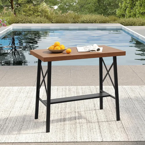 Miniatura 8 de VICLLAX Mesa de altura de barra para patio, mesa de bistró cuadrada para exteriores con agujero para paraguas, marco de metal y diseño de listones