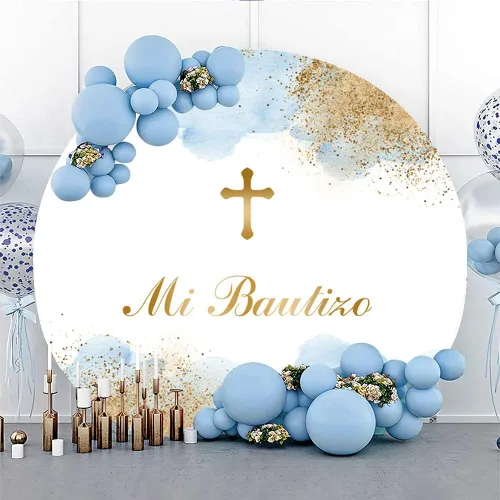 Miniatura 2 de SENDY Telón de fondo redondo Mi Bautizo de 6.5 x 6.5 pies para fotografía, decoración de fiesta de bautismo mexicano, Dios bendiga al niño, pancarta
