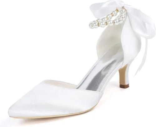 Pointed Toe Pearl Satin Wedding Shoes for Bride Low Heel Bridal Shoes for Women Satin Heels Prom Party Shoes 1608-28