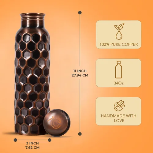 Miniatura 3 de Botella de agua de cobre 100% puro para beber 34 onzas, extra grande, recipiente de cobre ayurvédico para beber, beber, yoga, fitness e hidratación