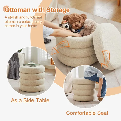 Miniatura 4 de ONEVOG Otomana redonda de almacenamiento, mesa otomana pequeña de 20 pulgadas con tapa extraíble, taburetes de tela de lino suave para sofá, asiento