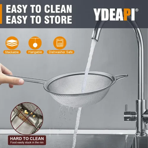 Miniatura 7 de Ydeapi Colador grande de malla fina de 8.6 pulgadas con asa, coladores de alimentos de metal para cocina, tamiz de malla fina de acero inoxidable