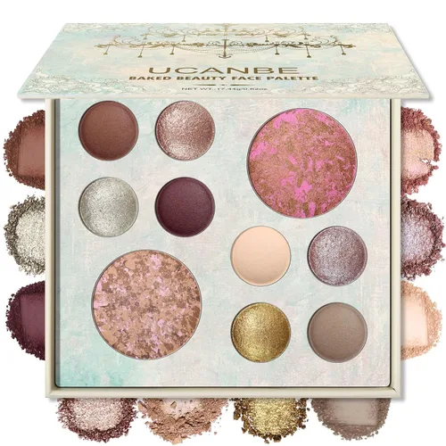 Ucanbe Paleta de maquillaje horneado todo en uno – Sombra de ojos, colorete y bronceador para el rostro, colores pigmentados neutros, tamaño
