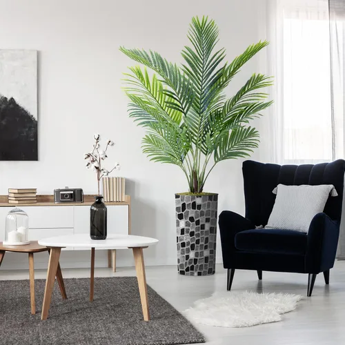 Árbol artificial en macetero moderno con patrón geométrico, palmeras tropicales areca falsas de seda para decoración del hogar en interiores y
