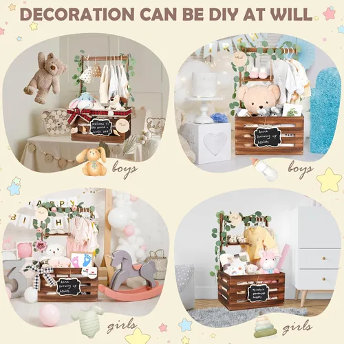 Miniatura 9 de Caja de madera para baby shower con asa y guirnalda, cestas de gran capacidad para baby shower, cestas de baby shower de fácil montaje