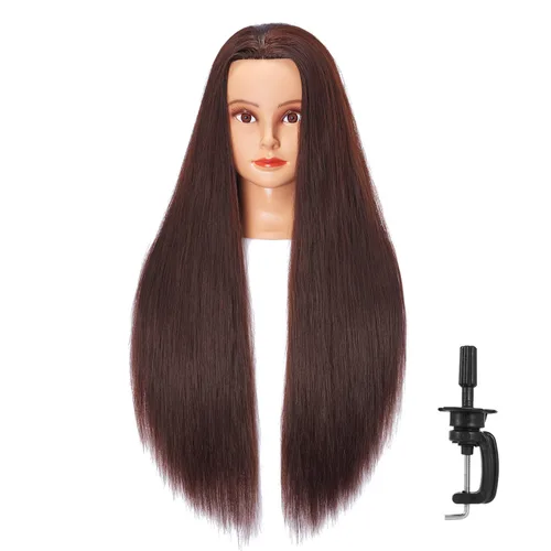 Miniatura 11 de 26-28" Cabeza de maniquí con cabello de fibra sintética Yaki para estilizar, cabeza de muñeca para entrenamiento de cosmetología, cabeza de maniquí