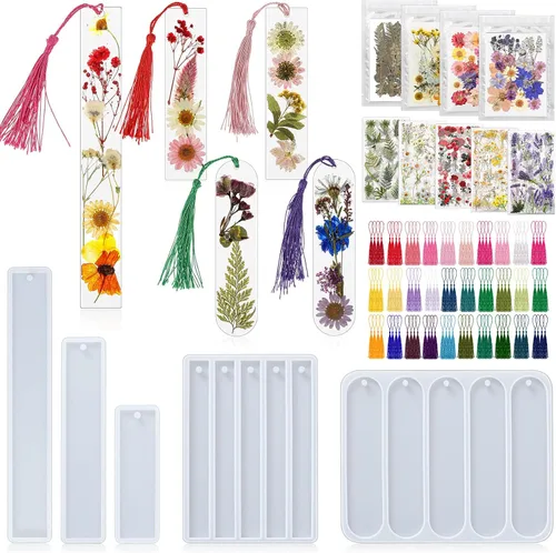 Fuyoooo Los marcadores de flores secas incluyen 5 moldes de resina de silicona, 150 borlas coloridas, paquete de 4 flores secas, 5 juegos de