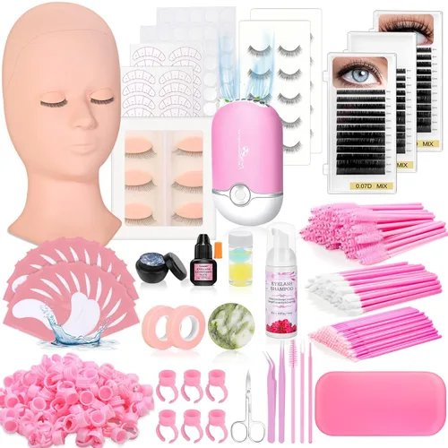 Miniatura 9 de Kit de extensión de pestañas para principiantes, juego de suministros profesionales para extensión de pestañas con cabeza de maniquí, pegamento