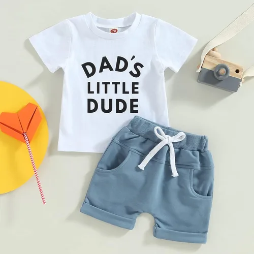 Miniatura 59 de Conjunto de traje de verano para bebé niño pequeño, manga corta, cuello redondo, letras impresas, lindo traje de verano, conjunto de 2 piezas