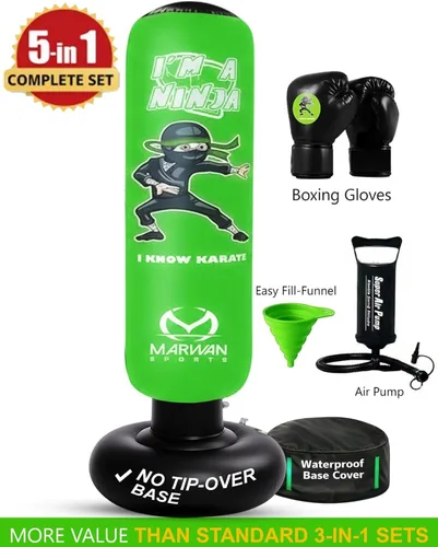 Miniatura 2 de Marwan Sports Ninja Inflatable Punching Bag for Kids 4-12, Indoor Active Play for Sensory Seekers & High-Energy Kids, 63" 5-in-1: Gloves, Manual
