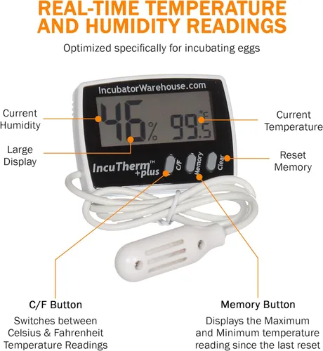 Miniatura 2 de IncuTherm™ Plus Termómetro digital e higrómetro para incubadora de huevos - Pantalla digital grande con memoria mínima/máxima - Sonda remota - Lee