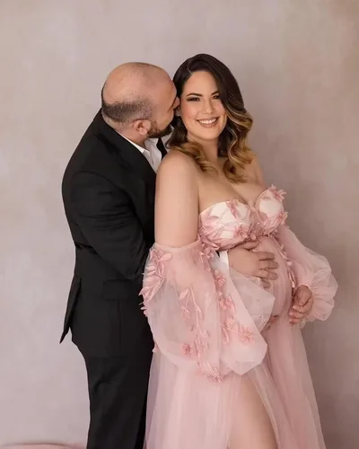 Miniatura 4 de FONGYUSHUN Vestido de maternidad de tul con apliques para sesión de fotos, manga larga hinchada, lencería nupcial, vestido de embarazo, vestido