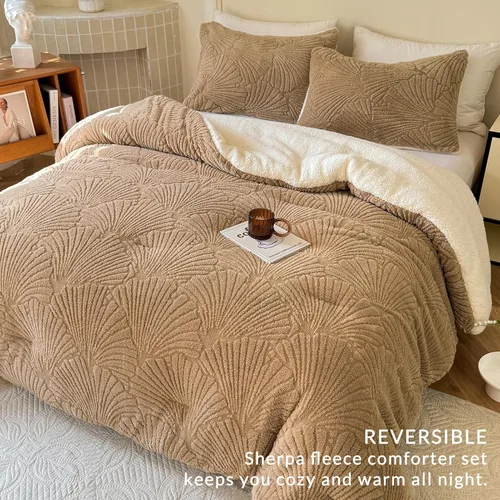 Miniatura 2 de tohrisa Seashell - Juego de edredón Jacquard Sherpa cálido y acogedor, ropa de cama premium de 2 piezas, tamaño individual con patrón geométrico
