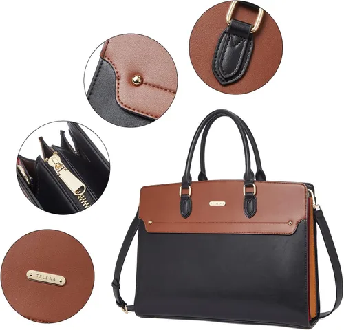 Miniatura 7 de Telena Bolsa de mano para laptop para mujer, bolsa de hombro de 15.6 pulgadas, maletín de cuero para mujer, bolsas de mano de gran capacidad 15.6