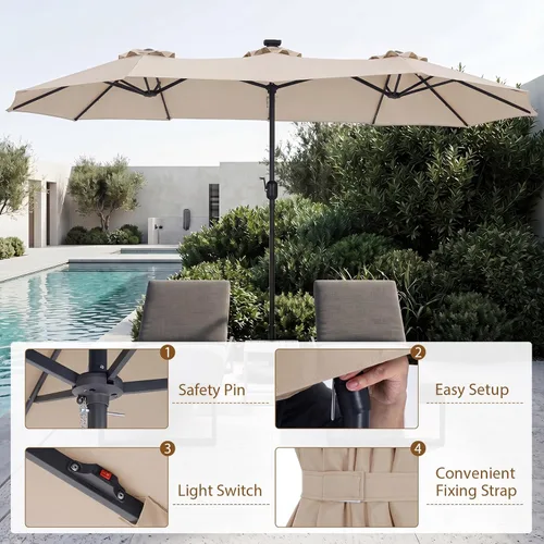 Miniatura 7 de Tangkula Sombrilla solar de patio de 13 pies, sombrilla de doble cara extra grande para mesa de mercado al aire libre con 36 luces LED, mango