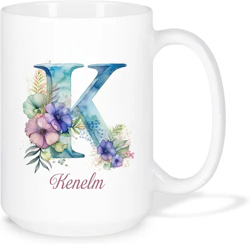 Miniatura 23 de Taza de café personalizada de la letra A del alfabeto, Taza de café blanca con nombre personalizado único, Taza inicial de monograma floral