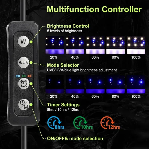 Miniatura 5 de Luz LED UVB de 8 W para reptiles, luz de terrario, luz extensible para tanque de reptiles con controlador y atenuación y 5 modos UVI de espectro