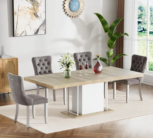 Miniatura 96 de Juego de mesa de comedor extensible de 5 piezas, juego de mesa de comedor extensible de estilo granja para 4, mesa de cocina expandible de madera