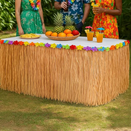 Miniatura 2 de GiftExpress Falda de mesa de hierba Luau de 9 pies x 29.5 pulgadas, falda de fiesta temática hawaiana con decoración de flores de hibisco, telón