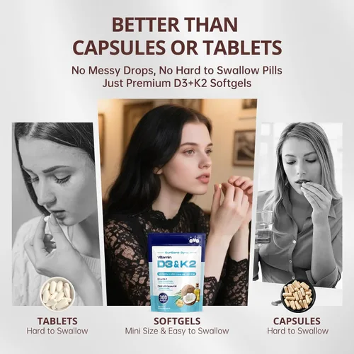 Miniatura 9 de 300 Piezas 2 en 1 Vitamina D3 10000 iu Plus K2 (MK-7) 200 mcg Cápsulas Blandas de Aceite de Coco Virgen con Vitaminas D y K Apoya la Absorción