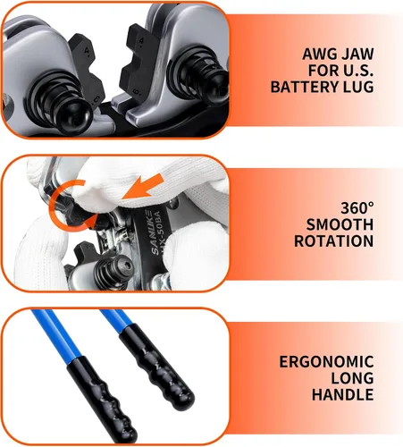 Miniatura 8 de Sanuke Kit de herramientas de crimpado de cables de batería con cortador de cables, engarzadora de alambre de cobre para AWG 8-1/0, 12 terminales