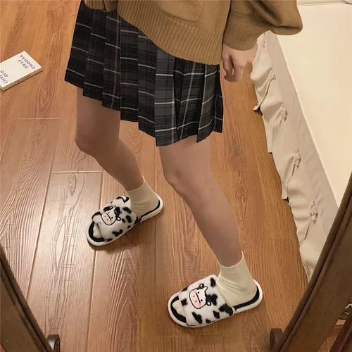 Miniatura 3 de Pantuflas Kawaii de vaca peluda para mujer, cómodas, con puntera abierta, lindas sandalias de invierno de animales
